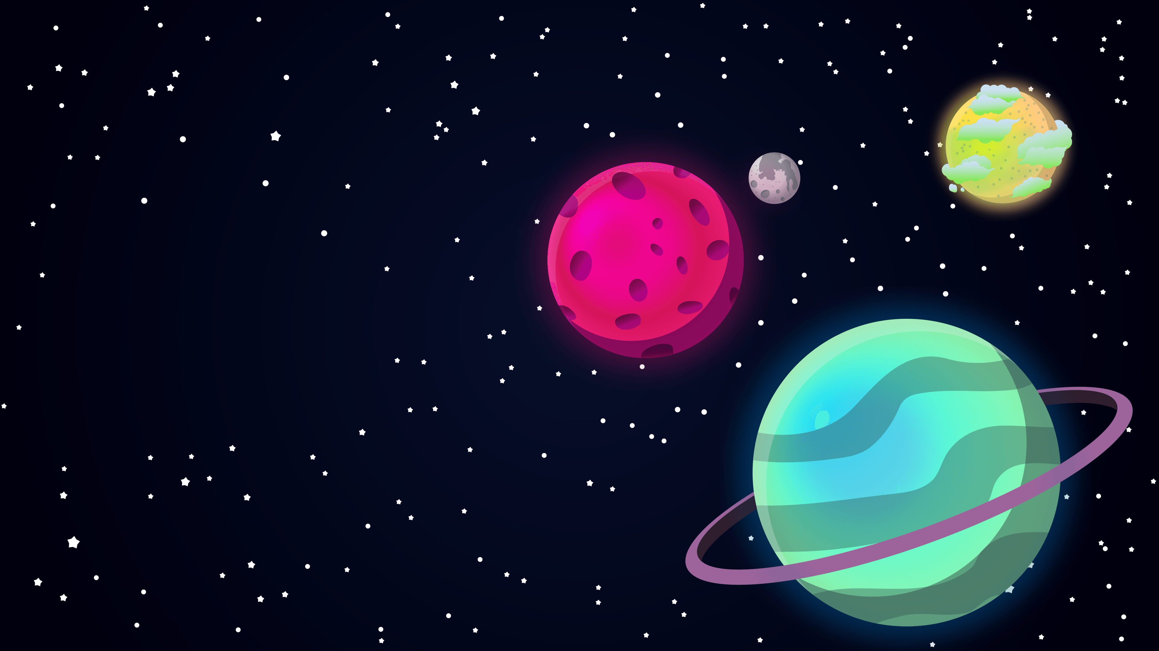 graphic of cyan, magenta, and yellow planets in space.